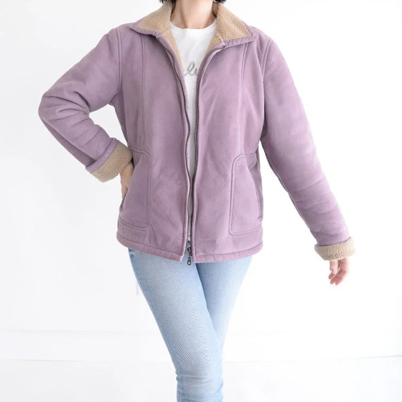 Vintage Cotton Ginny Lilac Faux  Sherpa Jacket Large - Picture 1 of 13